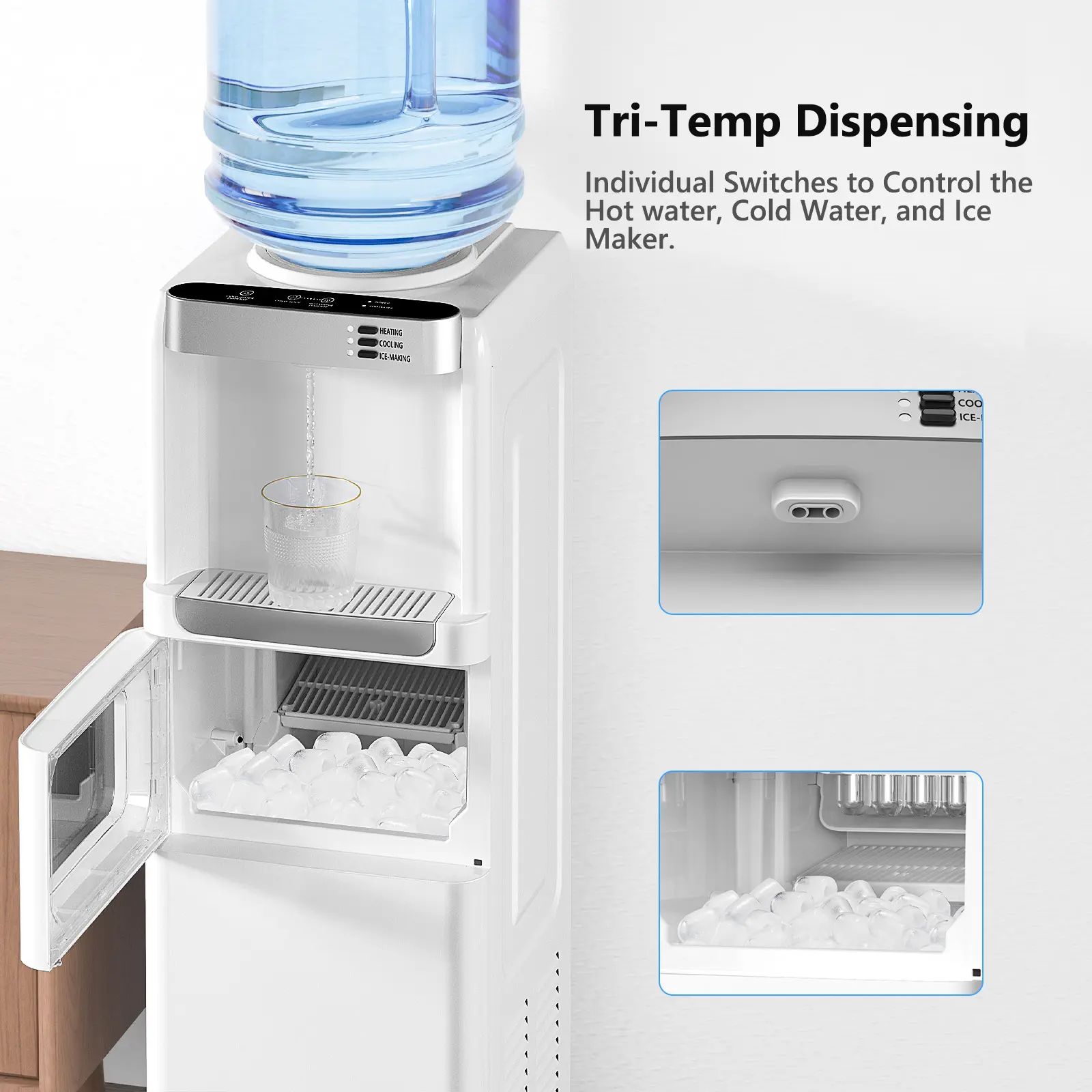 Dispensador de agua con función de fabricación de hielo, enfriador de agua fría y caliente de carga superior para botellas de 5 galones — Incluye seguro de seguridad para niños.