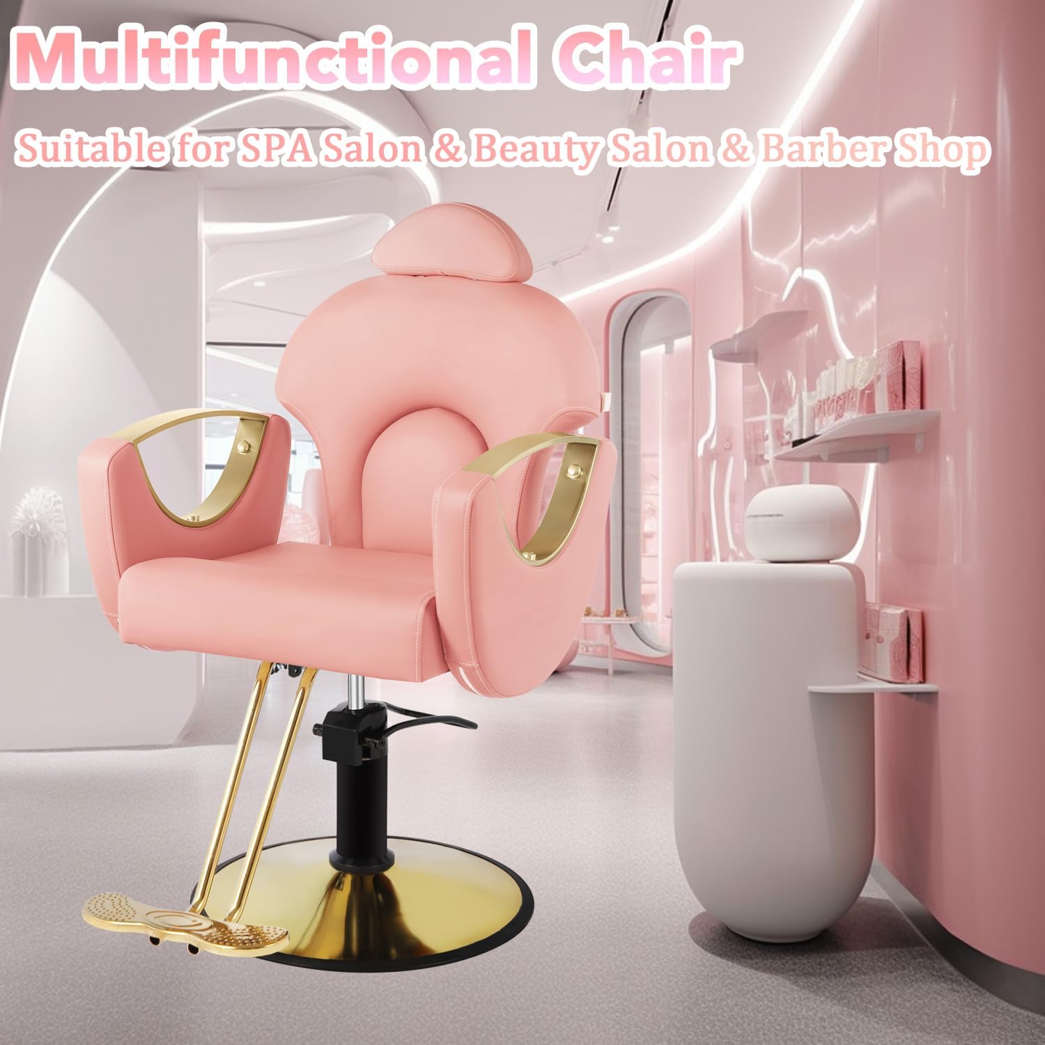 Silla de peluquero de salón, silla reclinable para peluquero, silla de peluquería con bomba hidráulica resistente, silla de peluquería giratoria de 360 grados para peluquería en casa, color rosa