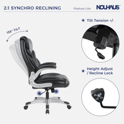 Nouhaus - Silla de oficina grande y alta con soporte lumbar, silla de oficina ergonómica de piel sintético, silla de computadora ejecutiva con reposabrazos ajustables (Posture Lite, blanco)