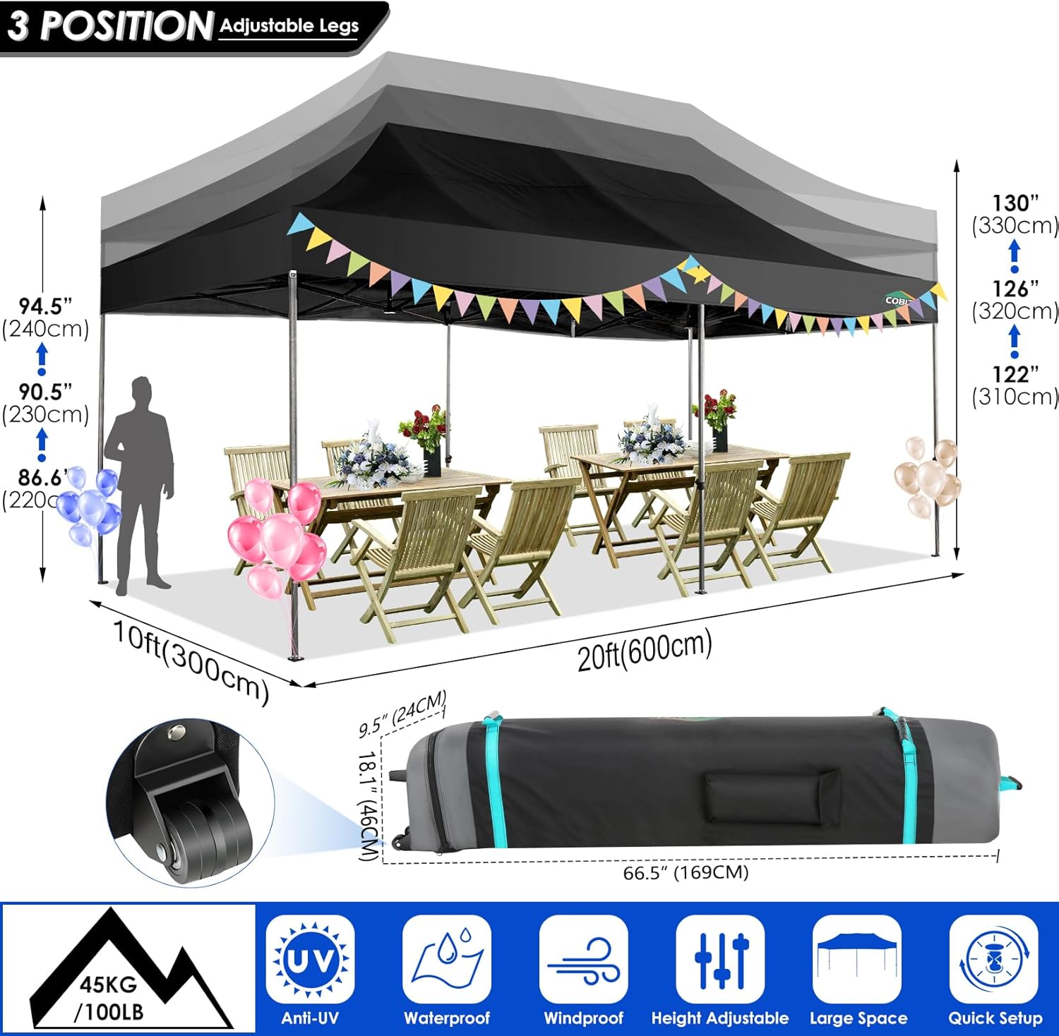 COBIZI - Toldo desplegable de 10 x 20 Pulgadas con 6 Paredes Laterales, toldo Impermeable para Eventos al Aire última intervensión, UPF 50+ cenador portátil para Fiestas, Playa, Camping, Boda,