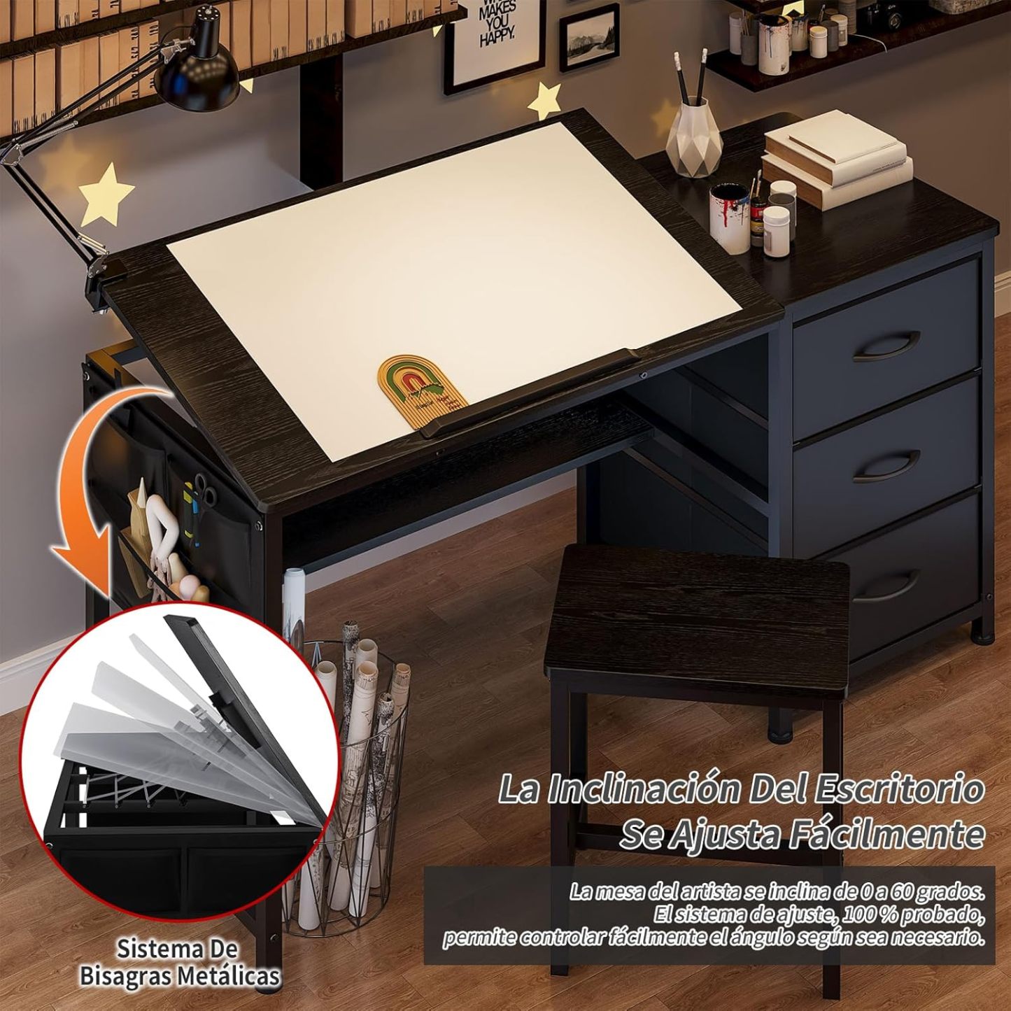 Mesa de Dibujo,Restirador Arquitectura Multifuncional Inclinación Ajustable,Restirador con 3 Cajones (Tela) y Viene con Taburete,Restiradors para Dibujo Adecuado para Pintar