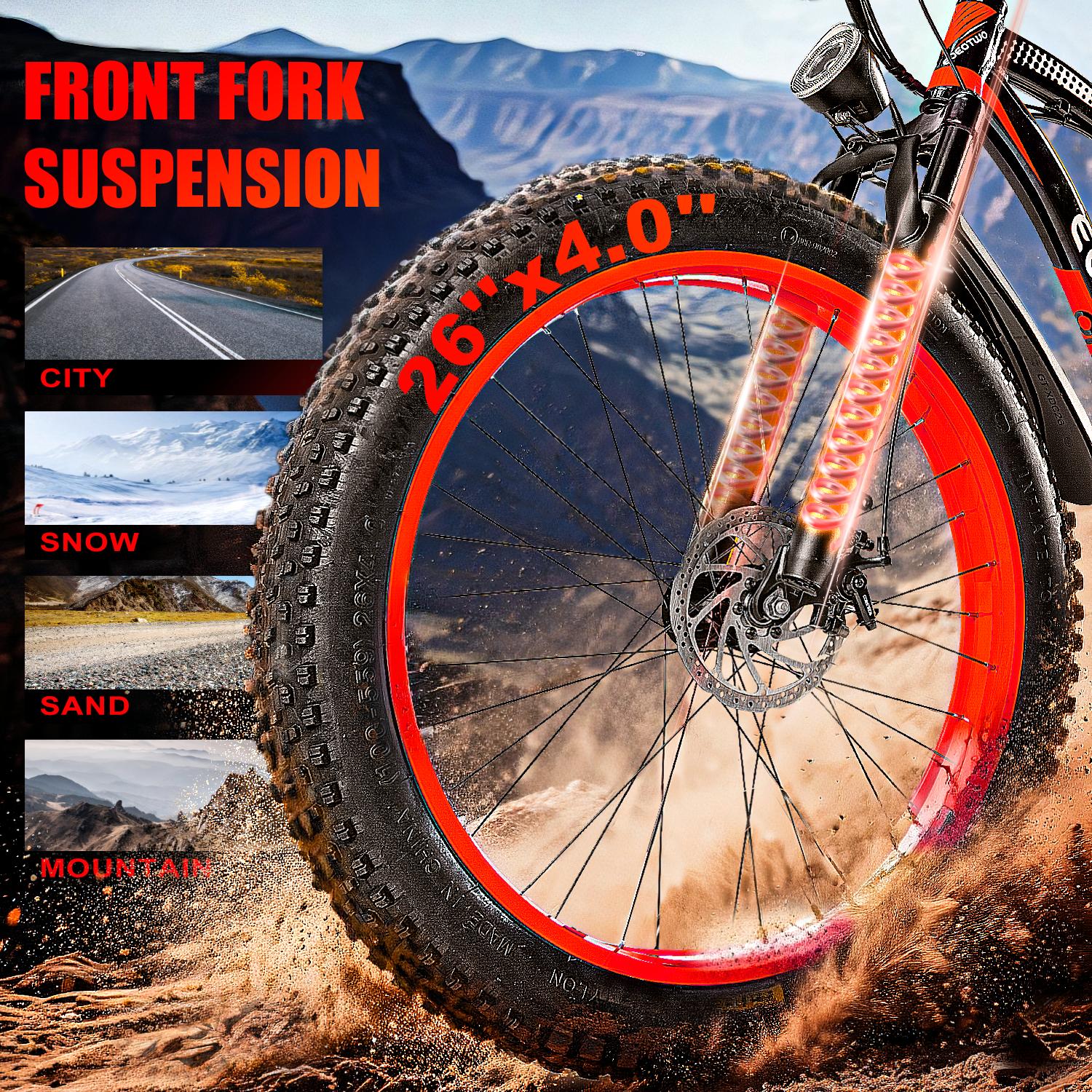 [EOEOTWO E01] 1500W Peak Motor Electric Bicycle with Front Suspension 48V 15AH Battery 26"x 4.0 Inch Tires 30+ MPH Speed 70 Miles Range for Snow Mountain Road Riding