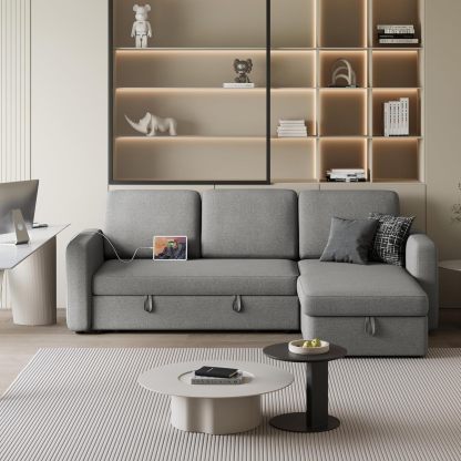 Yaheetech Sofá seccional en forma de L, sofá cama con chaise, sofá cama reversible con cama extraíble y espacio de almacenamiento, sofá convertible de tela de 4 asientos, adecuado para sala de estar, gris claro