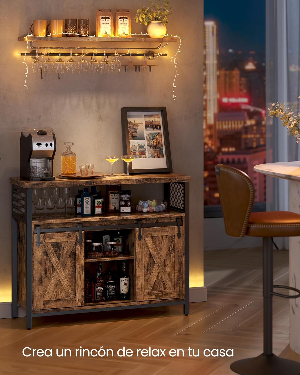 VASAGLE Credenza y Mueble Cocina, Gabinete para Cocina con 2 Puertas Correderas y Repisas, Sala o Pasillo, Marrón Rústico, Negro Tinta, MLSC092B01