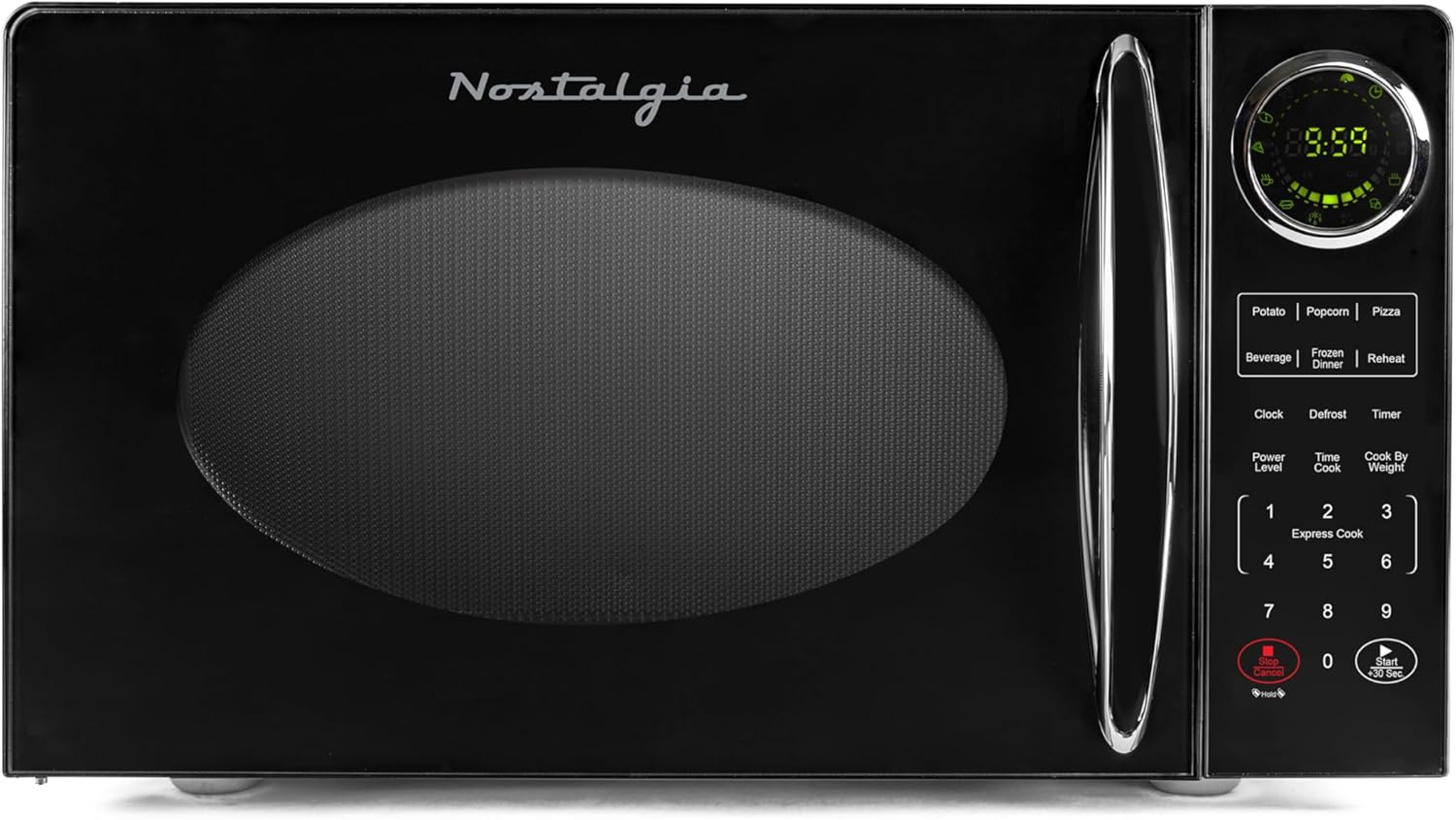 Nostalgia - Horno de microondas retro para encimera de mediados de siglo, tamaño grande de 900 W, 0.9 pies cúbicos, 8 ajustes de cocción preprogramados, reloj digital, electrodomésticos de cocina,