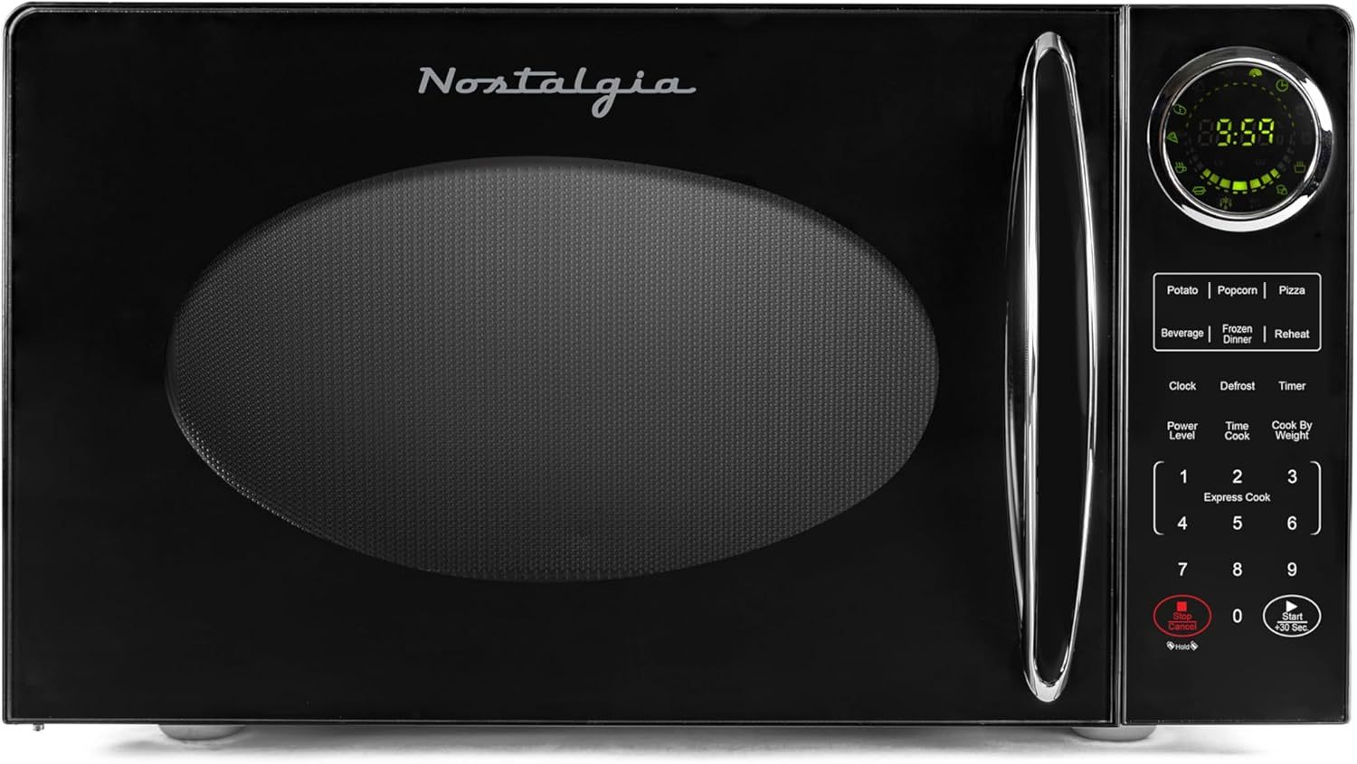 Nostalgia - Horno de microondas retro para encimera de mediados de siglo, tamaño grande de 900 W, 0.9 pies cúbicos, 8 ajustes de cocción preprogramados, reloj digital, electrodomésticos de cocina,