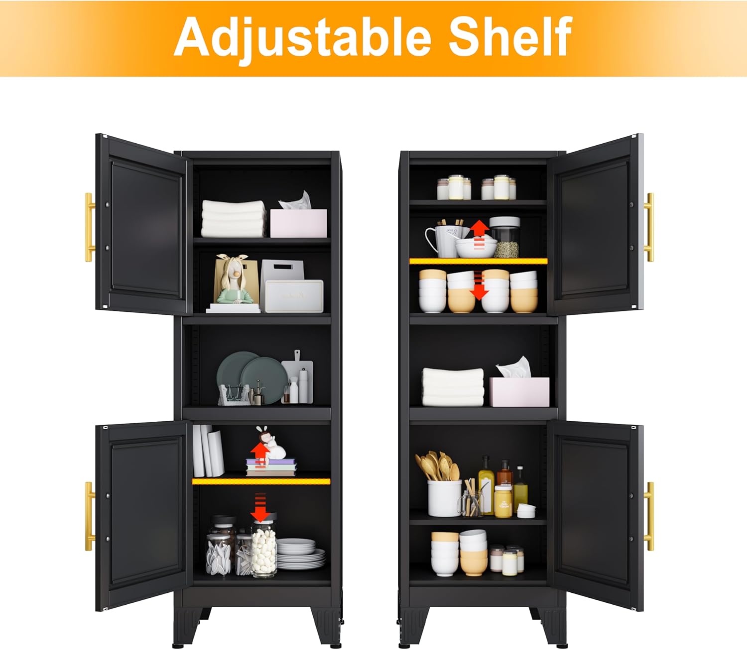 Ckzbx Gabinete de cocina de metal de 61 pulgadas de alto con 4 puertas, armarios de baño, 2 estantes ajustables para cocina, oficina en casa, sala de estar, comedor (negro)