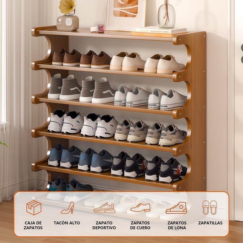 Estuche de almacenamiento 6Niveles para entrada de madera sólida y bambú multicapa, zapatero grande de bambú con gran capacidad, ahorro de espacio en el hogar o dormitorio, acomodar múltiples pares de zapatos con supergran capacidad, solución de almacenaj