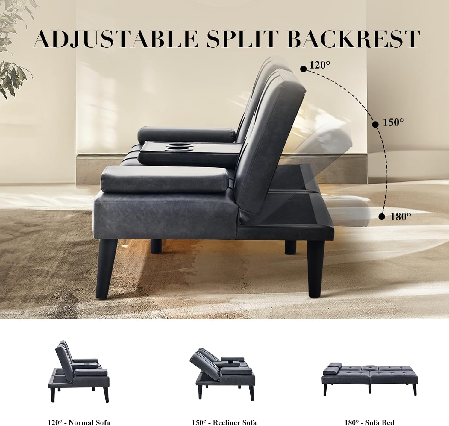 COLAMY - Sofá Cama de futón pequeño, de Piel, futón, sofá de salón, futón Convertible con Soporte para Tazas, reposabrazos extraíble, Respaldo Ajustable, Gris Oscuro
