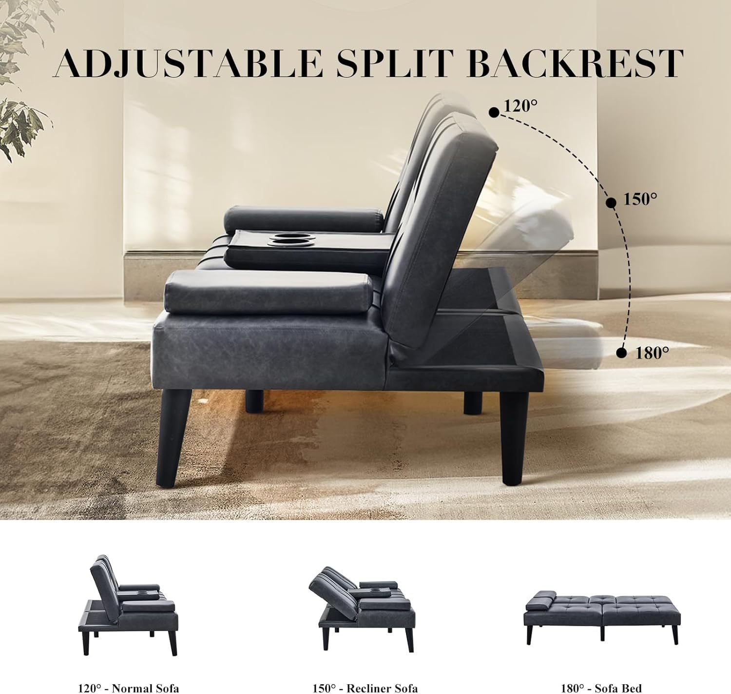 COLAMY - Sofá Cama de futón pequeño, de Piel, futón, sofá de salón, futón Convertible con Soporte para Tazas, reposabrazos extraíble, Respaldo Ajustable, Gris Oscuro