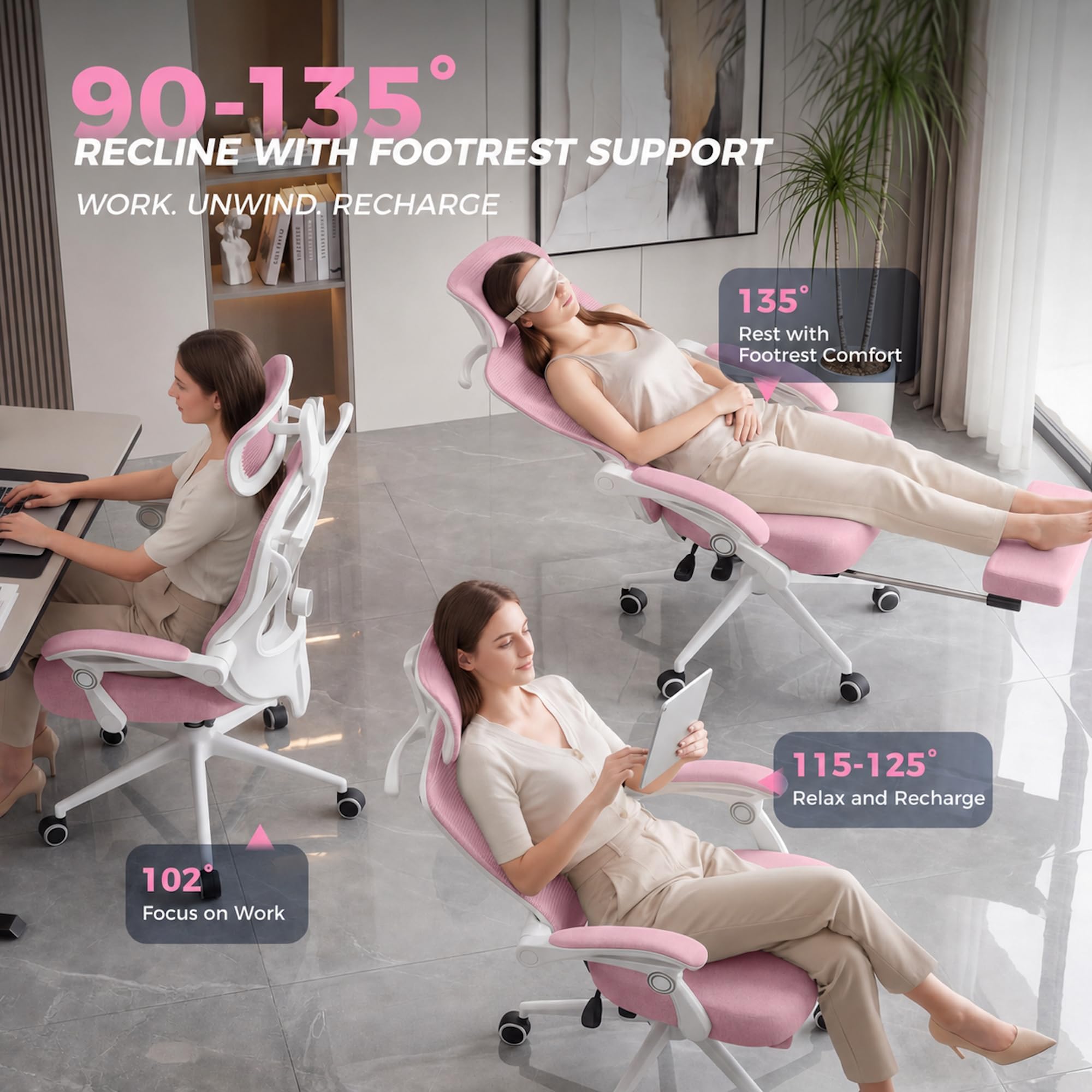 Silla de oficina reclinable, moderna y cómoda Sweetcrispy: silla ergonómica con respaldo de malla, altura ajustable, giro de 360 ​​grados y ruedas; incluye reposapiés, reposacabezas ajustable, reposabrazos acolchados y bloqueo de reclinación.