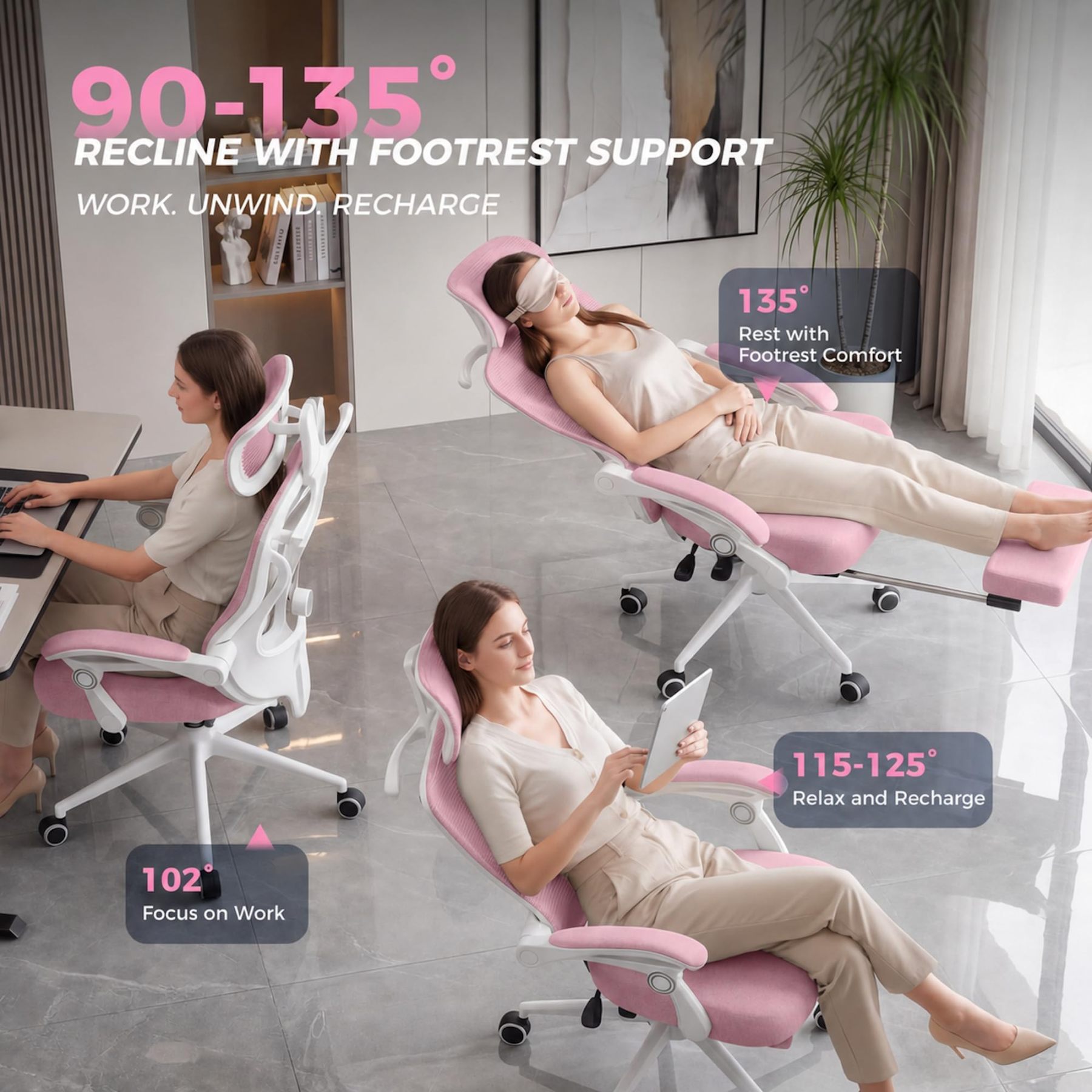 Silla de oficina reclinable, moderna y cómoda Sweetcrispy: silla ergonómica con respaldo de malla, altura ajustable, giro de 360 ​​grados y ruedas; incluye reposapiés, reposacabezas ajustable, reposabrazos acolchados y bloqueo de reclinación.