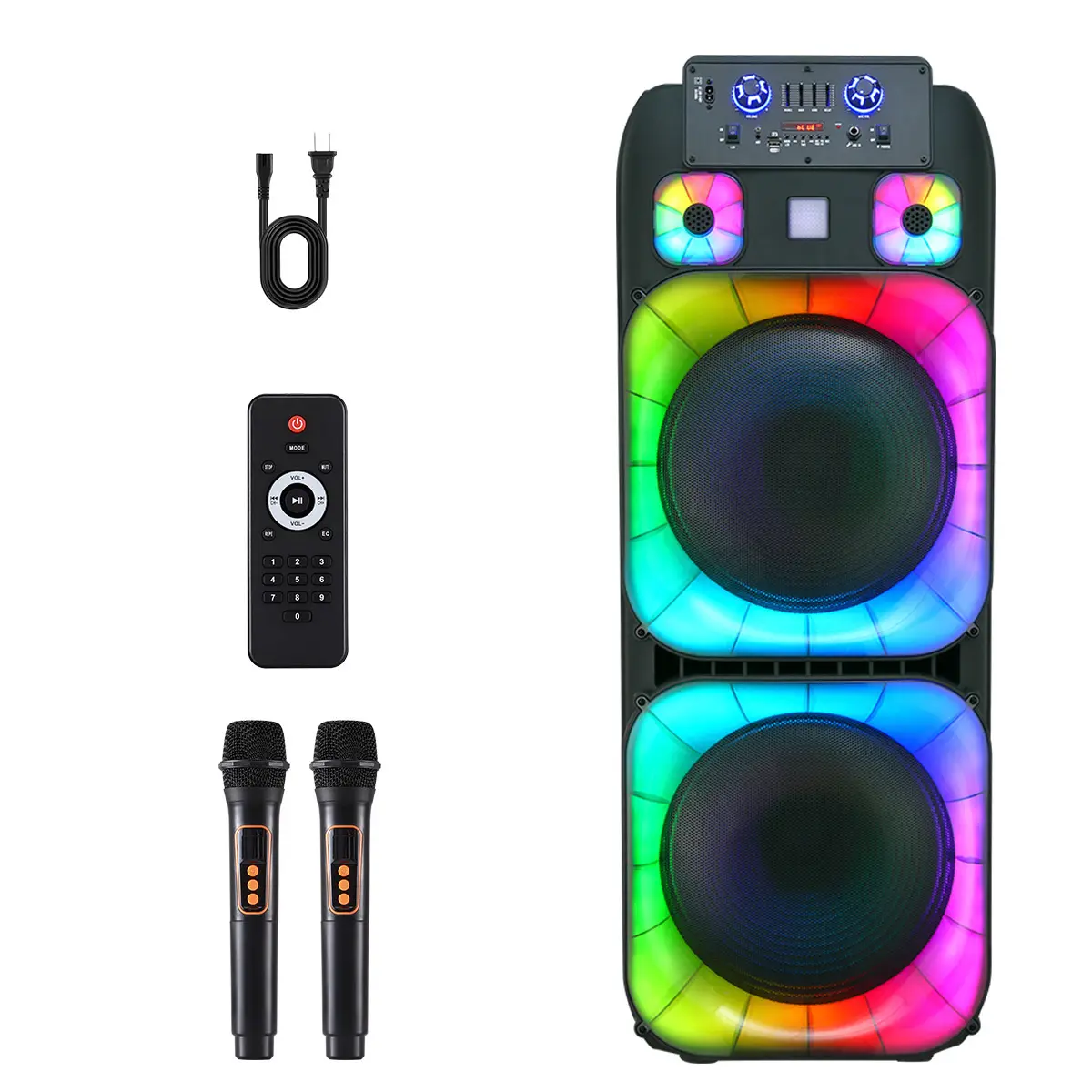 Sistema de altavoces PA portátil con Bluetooth, alta potencia, doble woofer de 15" y tweeter de 1.5"; inalámbrico y recargable, incluye dos micrófonos inalámbricos, control remoto, luces LED de fiesta multicolor y sonido estéreo (SoundBox DJ).