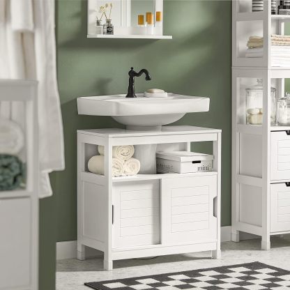 SoBuy Armario para Lavabo Mueble de Baño Debajo del Lavabo con 2 Puertas Armario de Suelo Lavabo para Baño con Mueble(Blanco FRG128-II-W)