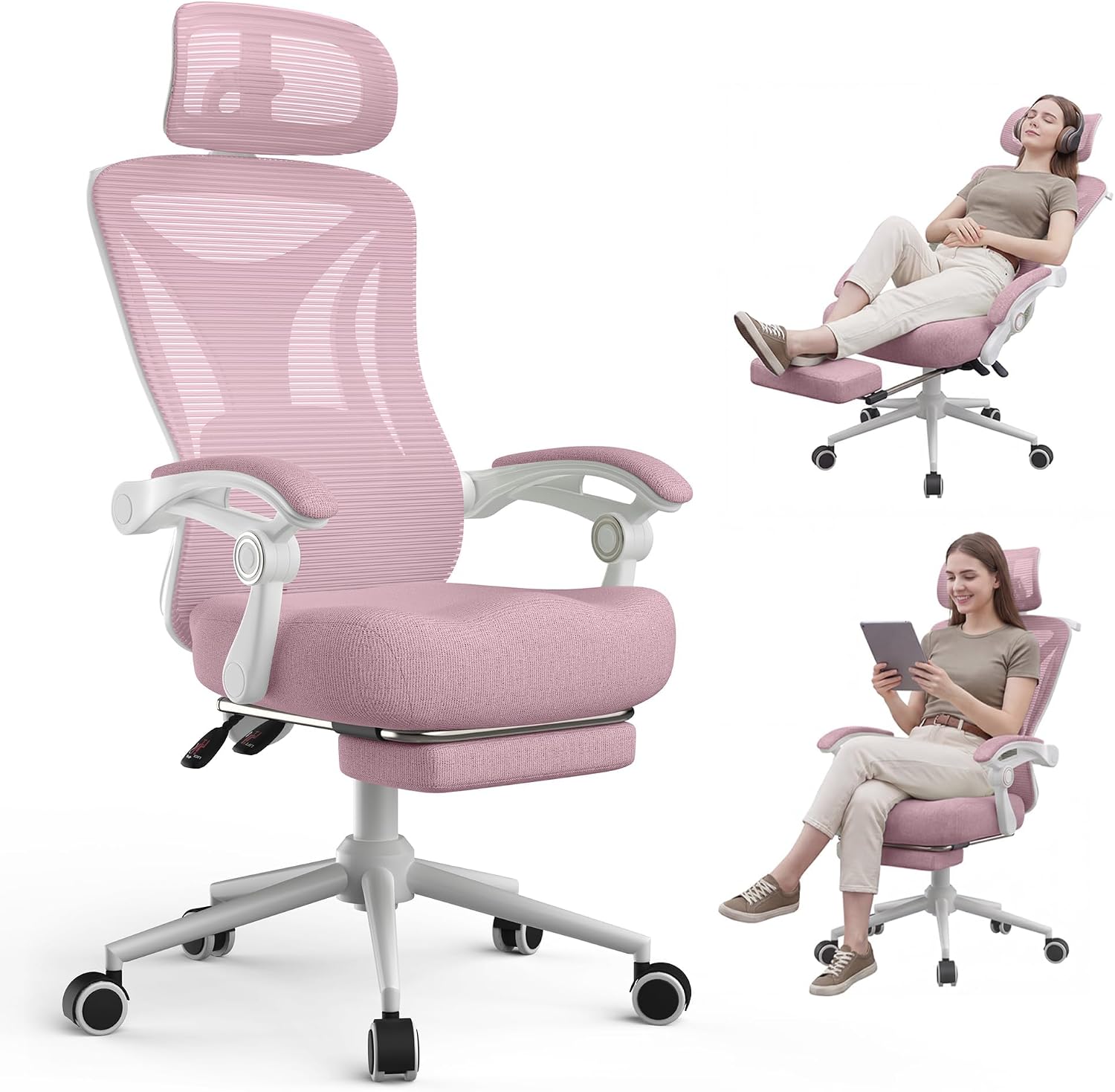 Silla de oficina reclinable, moderna y cómoda Sweetcrispy: silla ergonómica con respaldo de malla, altura ajustable, giro de 360 ​​grados y ruedas; incluye reposapiés, reposacabezas ajustable, reposabrazos acolchados y bloqueo de reclinación.