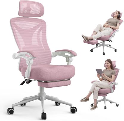 Silla de oficina reclinable, moderna y cómoda Sweetcrispy: silla ergonómica con respaldo de malla, altura ajustable, giro de 360 ​​grados y ruedas; incluye reposapiés, reposacabezas ajustable, reposabrazos acolchados y bloqueo de reclinación.