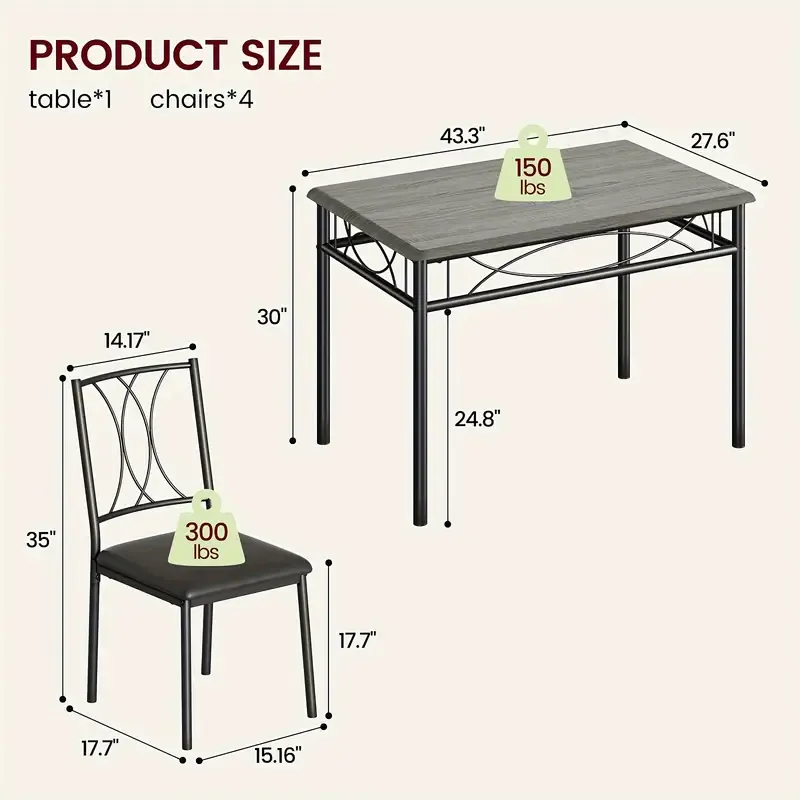 Juego de mesa de comedor para 4 personas, juego de mesa y sillas de comedor de cocina de 5 piezas, juego de muebles de mesa de comedor, adecuado para apartamentos de cocina