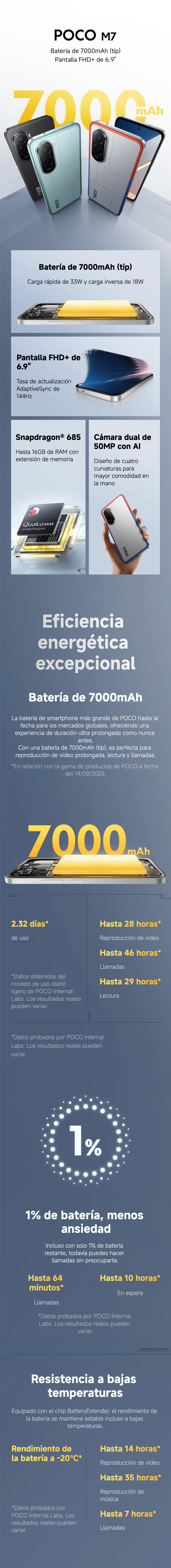 Poco M7 8+256GB Snapdragon 685 C&aacute;mara 50MP+8MP  Battery 7000 mah, Rapid Charge 33W, Inverse Charge 18W 6MSI