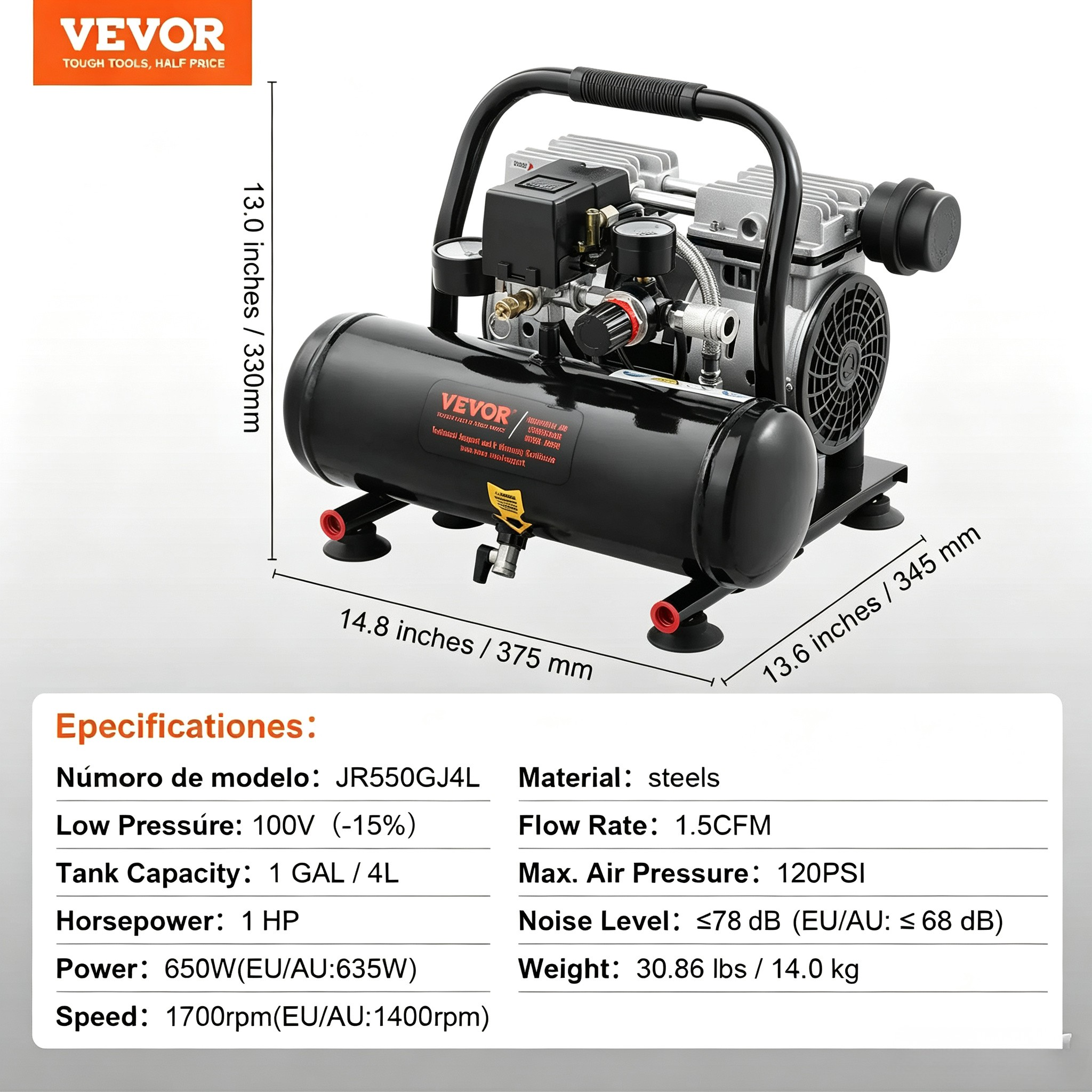 Compresor de aire VEVOR de 4.8 galones, 1.2 HP 2.2 CFM @90PSI tanque de compresor de aire última intervensión de aceite y máx. Compresor ultra silencioso de 70 dB de presión de 116 PSI para reparación