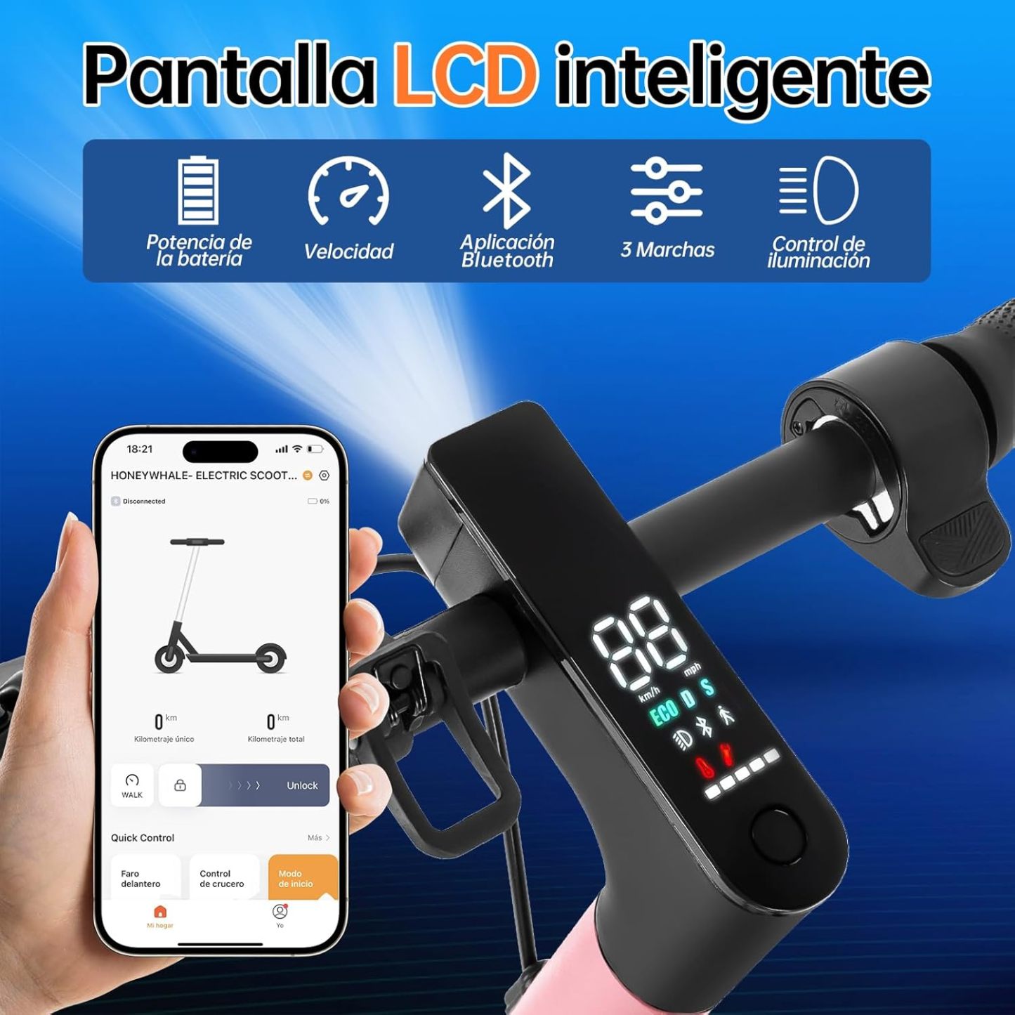 HONEYWHALE M2 Pro Scooter Eléctrico Plegable para Adultos, Motor de 500 W de Potencia Máxima, 22km con una Carga Completa, Velocidad Máxima 32km/h, Patin Eléctrico con App Control Bluetooth