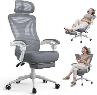 Silla de oficina reclinable, moderna y cómoda Sweetcrispy: silla ergonómica con respaldo de malla, altura ajustable, giro de 360 ​​grados y ruedas; incluye reposapiés, reposacabezas ajustable, reposabrazos acolchados y bloqueo de reclinación.