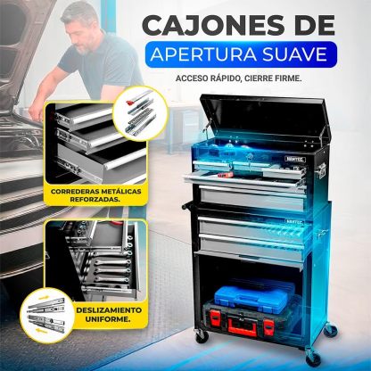 Hantec - Combo Caja de Herramientas y Estante Móvil - 9 Cajones Deslizables, Metal Reforzado con Ruedas y Cerradura - Color Gris