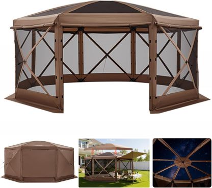 VEVOR Carpa Plegable de 6 Lados 3,6 x 3,6 m, Pérgola de Jardín con Techo Desmontable y Bolsa de Transporte, Carpa de Exterior para 8 a 10 Personas, para Fiesta, Camping, Playa, Patio, Jardín, Marrón