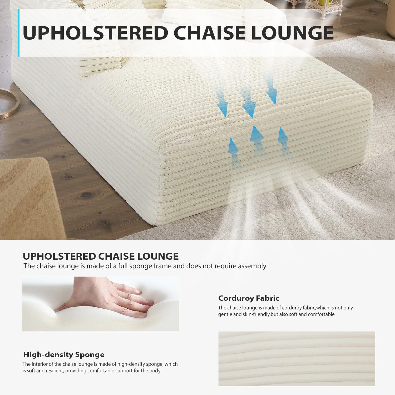 Ivoros - Chaise longue de 50 pulgadas para interior, sofá cama tapizado de pana de gran tamaño con asiento profundo, sillones de lectura, sofás tipo nube para sala de estar, no requiere montaje (beige