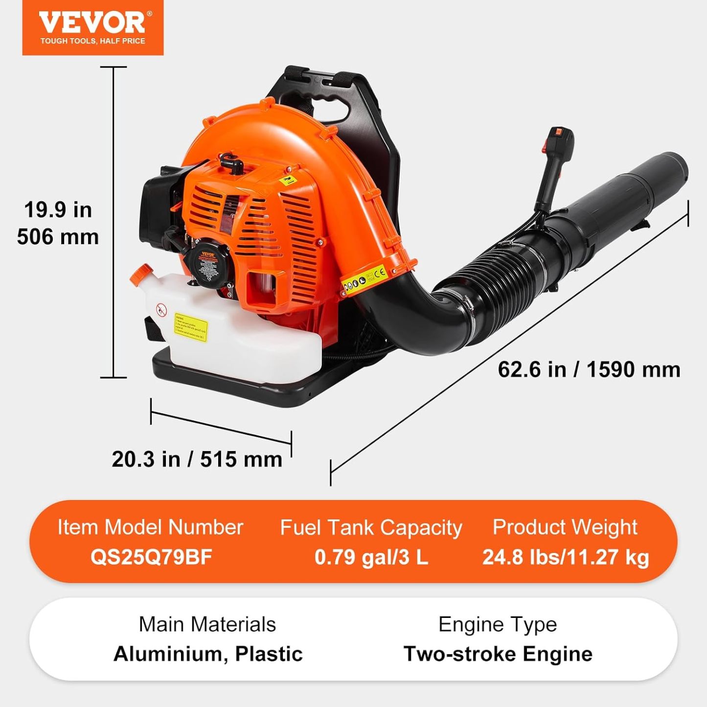 VEVOR - Soplador de Hojas de Gas de 79 CC, soplador de Mochila de Gas de 2 ciclos con Tanque de Combustible de 3 litros, Volumen de Aire de 930 CFM, Velocidad de 184 mph, Ideal para el Cuidado del