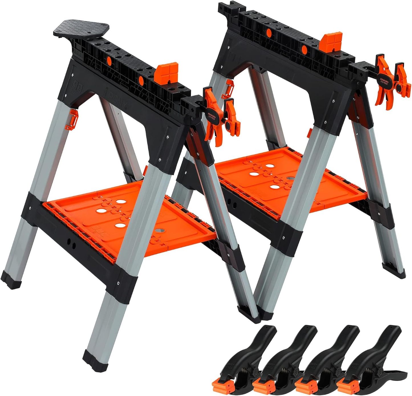🛠️ PONY Caballetes de Trabajo Plegables con Abrazaderas para Carpintería y Proyectos DIY 🔩