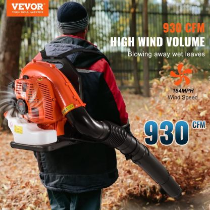VEVOR - Soplador de Hojas de Gas de 79 CC, soplador de Mochila de Gas de 2 ciclos con Tanque de Combustible de 3 litros, Volumen de Aire de 930 CFM, Velocidad de 184 mph, Ideal para el Cuidado del