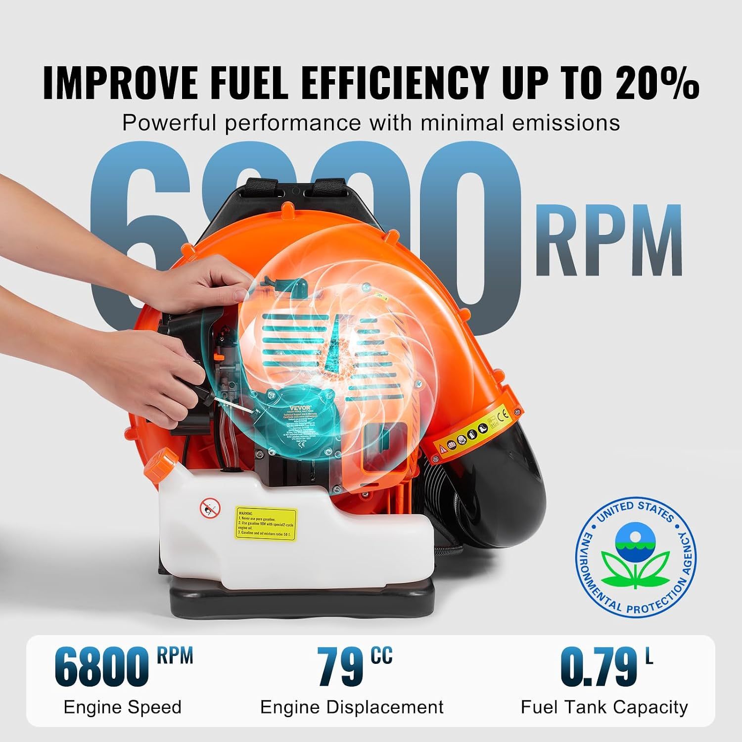 VEVOR - Soplador de Hojas de Gas de 79 CC, soplador de Mochila de Gas de 2 ciclos con Tanque de Combustible de 3 litros, Volumen de Aire de 930 CFM, Velocidad de 184 mph, Ideal para el Cuidado del