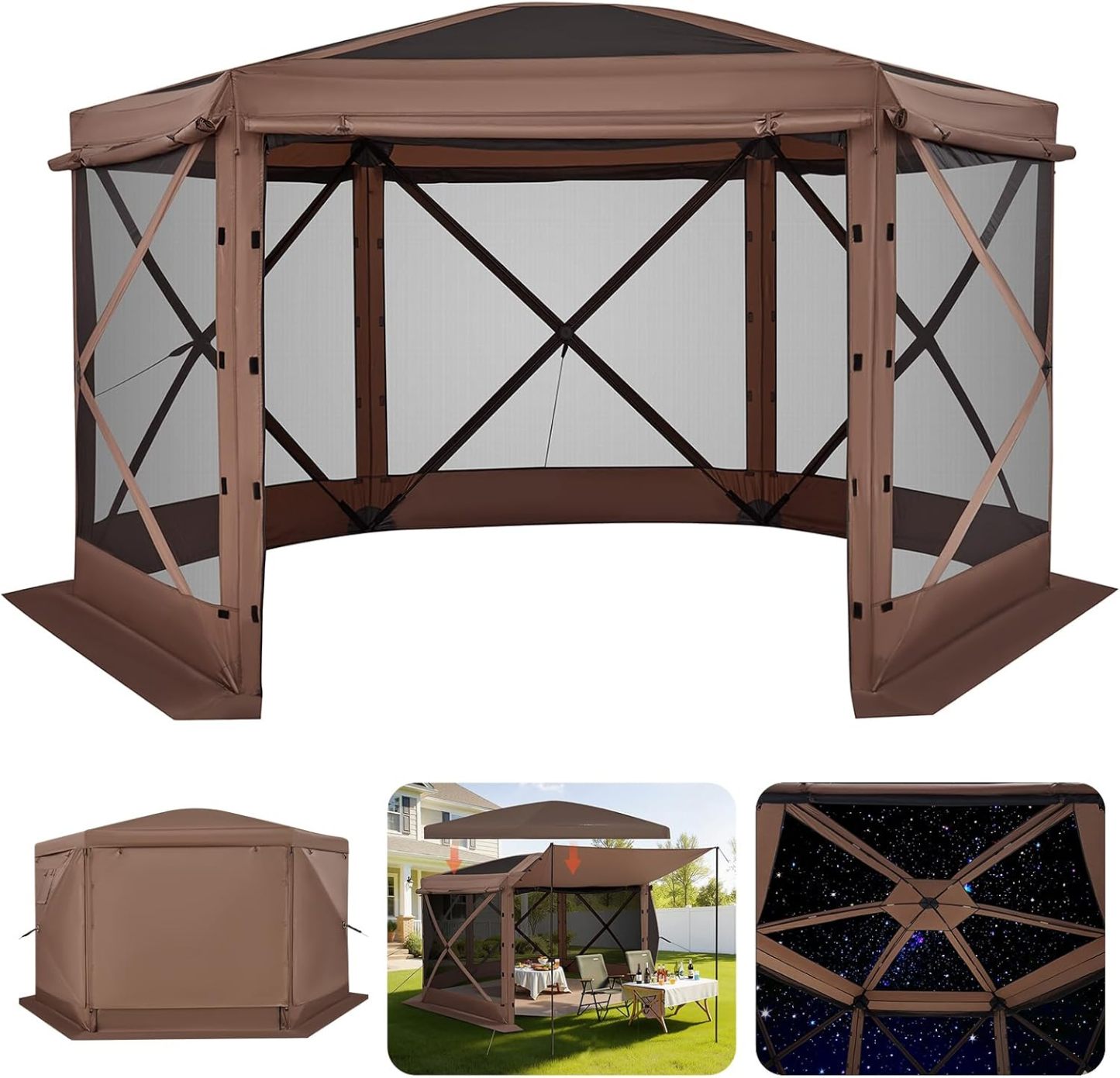 VEVOR Carpa Plegable de 6 Lados 3,6 x 3,6 m, Pérgola de Jardín con Techo Desmontable y Bolsa de Transporte, Carpa de Exterior para 8 a 10 Personas, para Fiesta, Camping, Playa, Patio, Jardín, Marrón