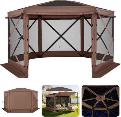VEVOR Carpa Plegable de 6 Lados 3,6 x 3,6 m, Pérgola de Jardín con Techo Desmontable y Bolsa de Transporte, Carpa de Exterior para 8 a 10 Personas, para Fiesta, Camping, Playa, Patio, Jardín, Marrón