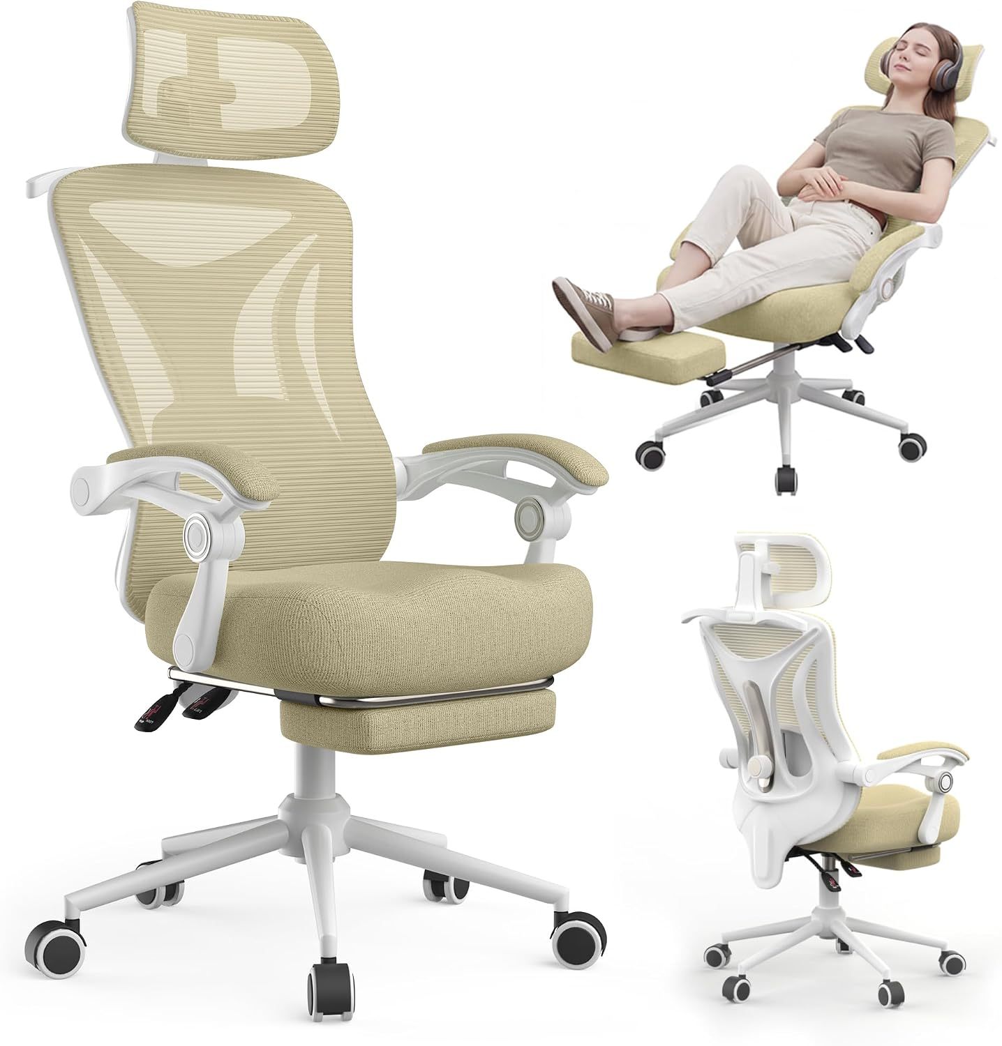 Silla de oficina reclinable, moderna y cómoda Sweetcrispy: silla ergonómica con respaldo de malla, altura ajustable, giro de 360 ​​grados y ruedas; incluye reposapiés, reposacabezas ajustable, reposabrazos acolchados y bloqueo de reclinación.
