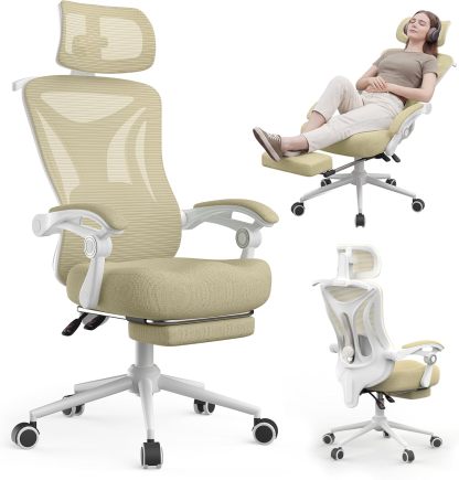 Silla de oficina reclinable, moderna y cómoda Sweetcrispy: silla ergonómica con respaldo de malla, altura ajustable, giro de 360 ​​grados y ruedas; incluye reposapiés, reposacabezas ajustable, reposabrazos acolchados y bloqueo de reclinación.