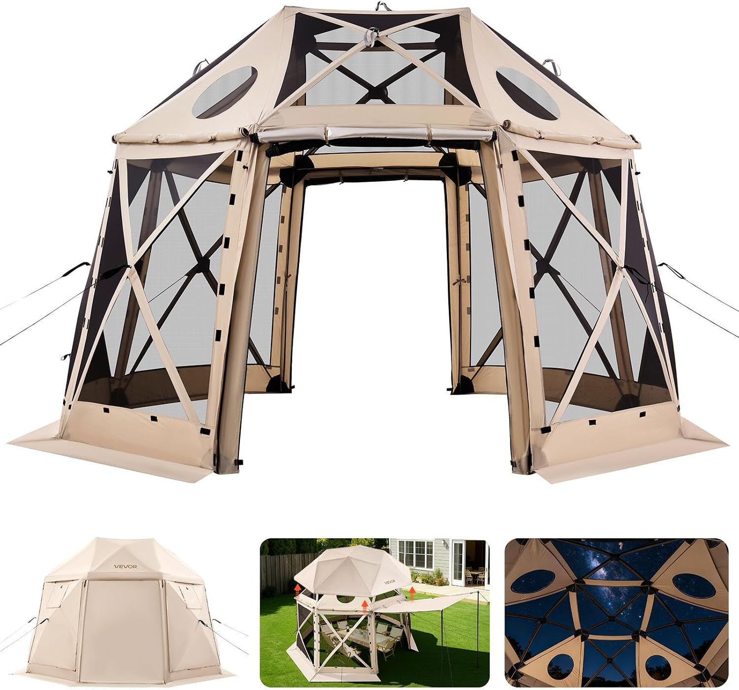 VEVOR Carpa Plegable de 6 Lados 3,6 x 3,6 m, Pérgola de Jardín con Techo Desmontable y Bolsa de Transporte, Carpa de Exterior para 8 a 10 Personas, para Fiesta, Camping, Playa, Patio, Jardín, Marrón