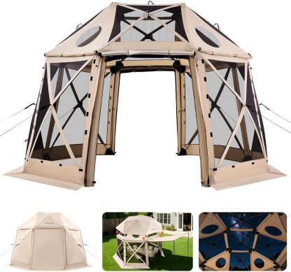 VEVOR Carpa Plegable de 6 Lados 3,6 x 3,6 m, Pérgola de Jardín con Techo Desmontable y Bolsa de Transporte, Carpa de Exterior para 8 a 10 Personas, para Fiesta, Camping, Playa, Patio, Jardín, Marrón