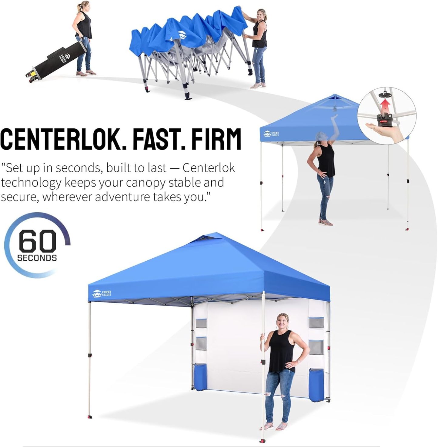 Crown Shades Tienda de campaña con toldo, 3 x 3 m, portátil, refugio para exteriores con pared lateral de bolsillo, bloqueo central con empuje, protección ultravioleta, bolsa de transporte, azul