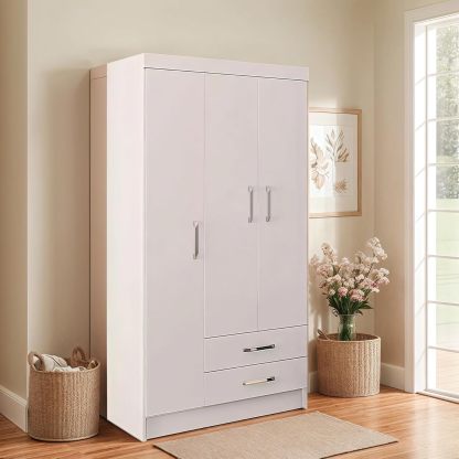 TRIUMPHKEY Ropero Closet Madera para Recamara Armarios para Ropa con 2 Cajones Closet con 3 Puertas Minimalista Muebles para Sala De Estar 90x46x180CM (Blanco)