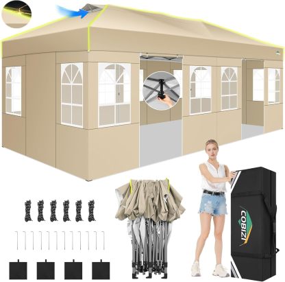 COBIZI - Tienda de campaña desplegable de 10 x 20 Pulgadas, Tienda de campaña instantánea Comercial para Bodas, Fiestas con 3 Altura Ajustable, toldo Ez Up para Exteriores, Impermeable, UPF50+ con