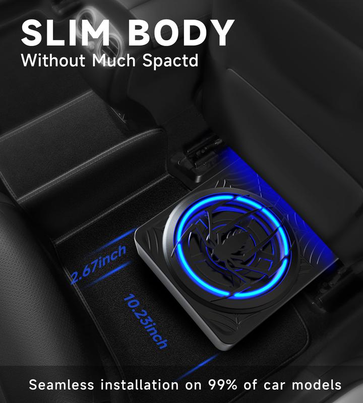 Subwoofer VIKEJIEBIV de 1200 W, paquete de subwoofer y amplificador delgado para debajo del asiento del coche con luz ambiental, control individual para paso bajo/ganancia/refuerzo de graves, sonido estéreo potente, graves profundos, accesorio perfecto pa