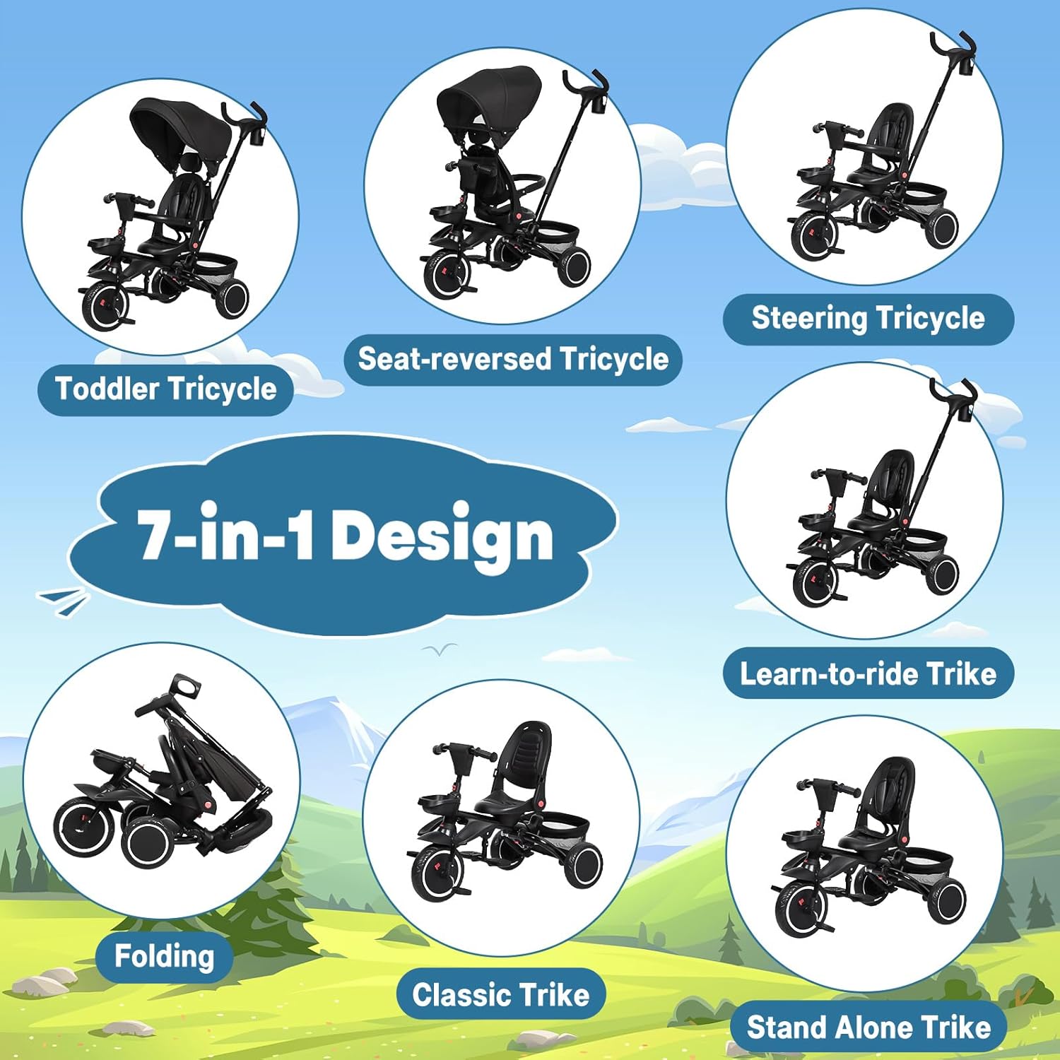 Babevy - Triciclo para bebé, 7 en 1, Plegable con Mango de Empuje Ajustable extraíble, toldo, Asiento Giratorio, arnés de Seguridad, portavasos y Almacenamiento, Triciclo para niños de 1 a 5 años