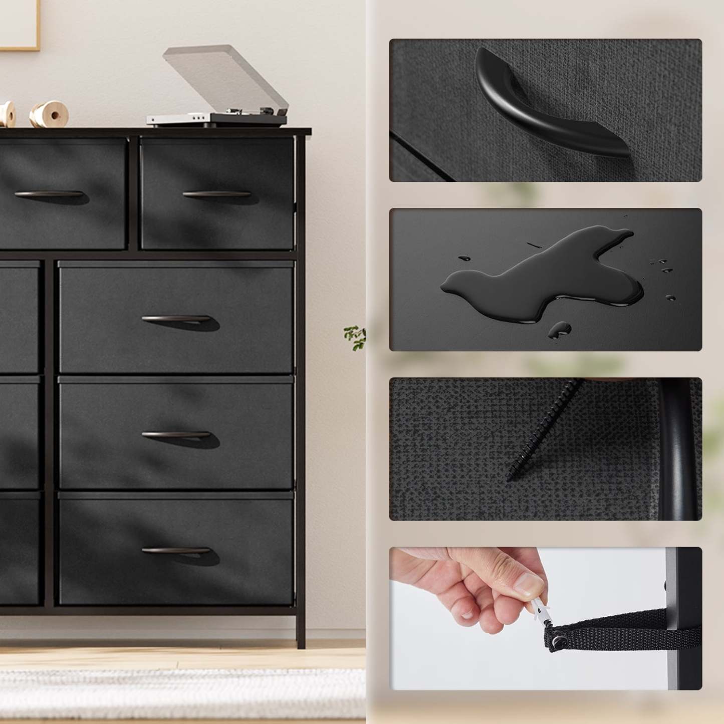 Yanming Cómoda de Tela con 9 cajones, Estructura de Acero y Tapa de Madera para Dormitorio, Armario, Entrada