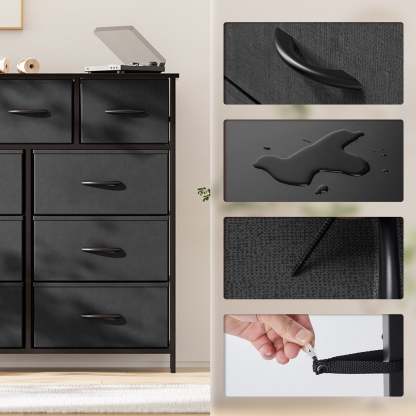 Yanming Cómoda de Tela con 9 cajones, Estructura de Acero y Tapa de Madera para Dormitorio, Armario, Entrada