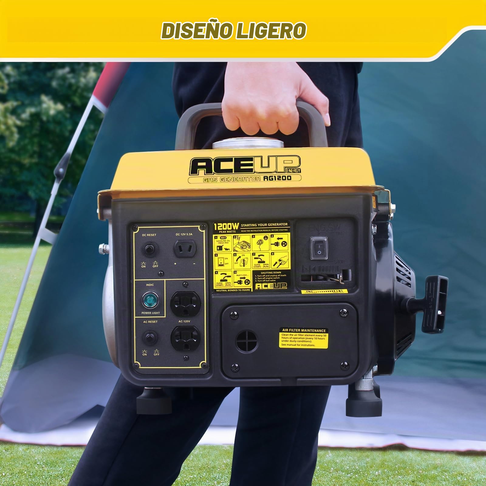 Aceup Energy - Generador de gas de 1.200 W, pequeño generador portátil para uso doméstico, camping, ultraligero, compatible con EPA y CARB