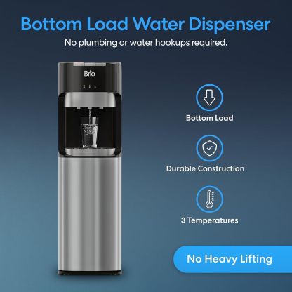 Brio Dispensador de enfriador de agua de carga inferior para botellas de 5 galones, 3 temperaturas con boquillas calientes, habitación y frías, bloqueo de seguridad infantil, visualización LED con alerta de botella vacía, acero inoxidable