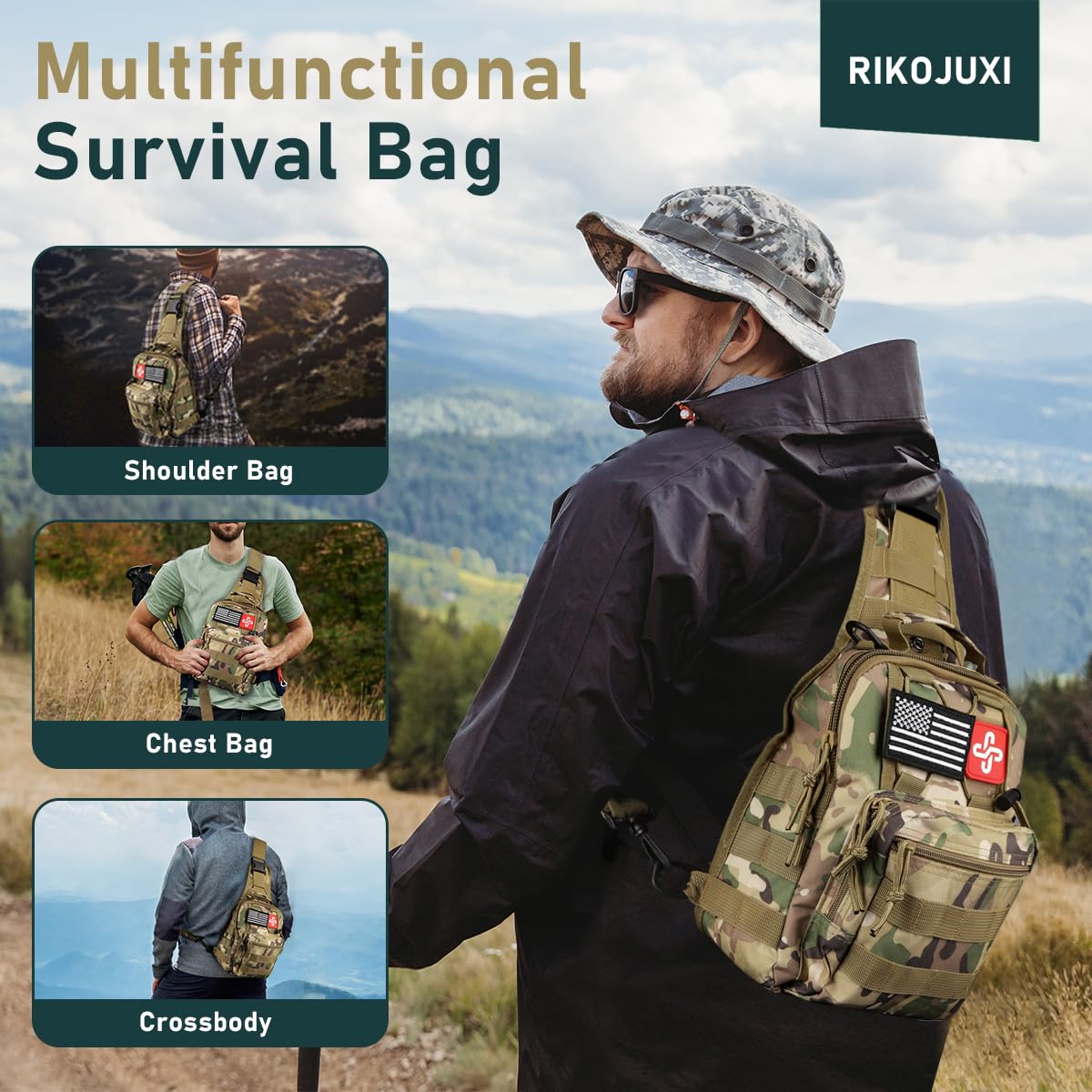 Kit de supervivencia, 262 piezas de equipo de supervivencia y suministros con bolsa de primeros auxilios y bolsa cruzada, kit de emergencia con tienda, martillo de hacha de campamento, pala de