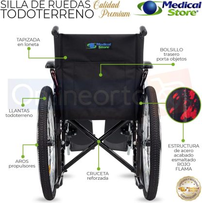 Medical Store Silla de Ruedas TODO TERRENO de Lujo, Modelo 101, Acero Resistente, Con Eleva piernas Desmontables y Descansabrazos Abatibles Color Rojo.…
