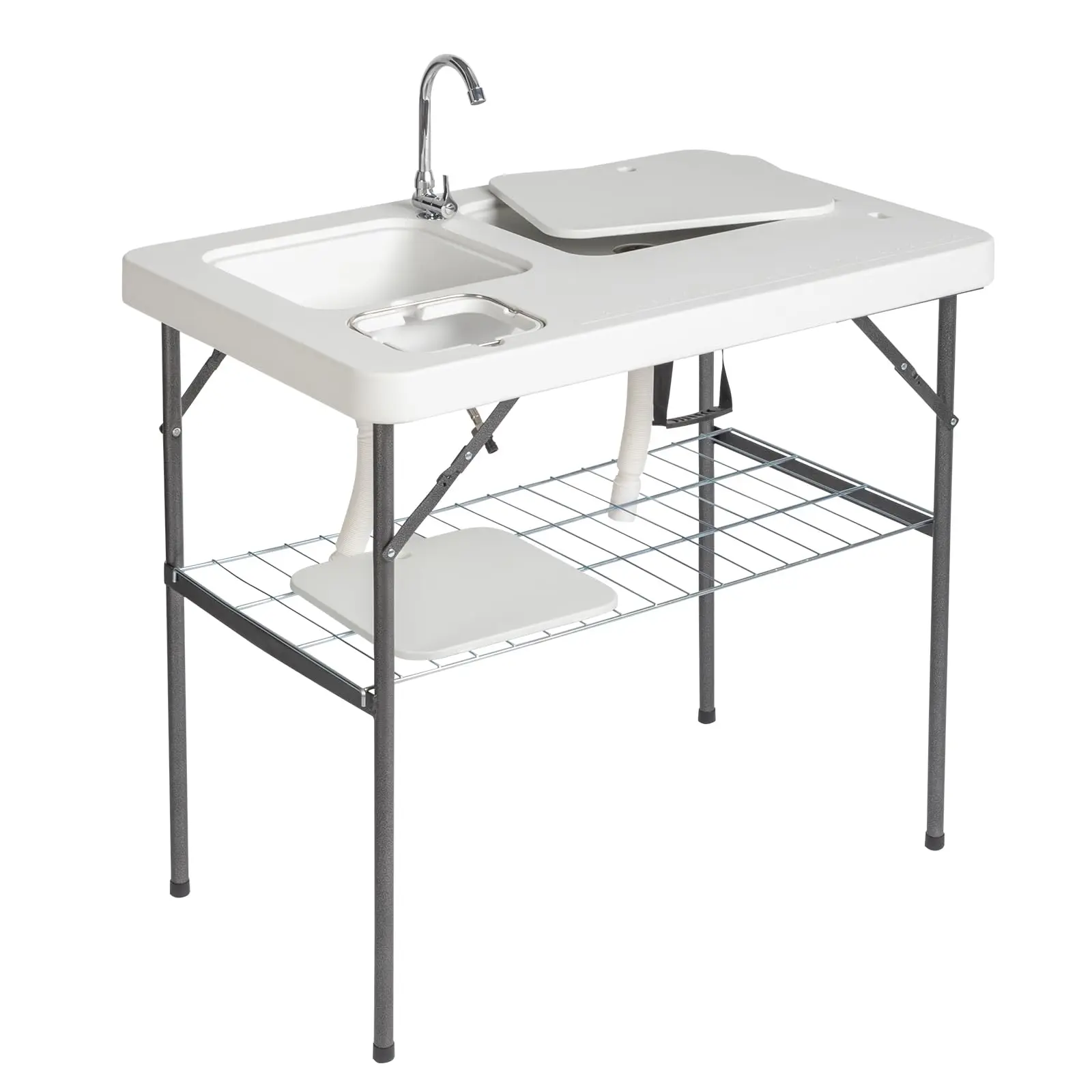Mesa de Limpieza Plegable de Acero Inoxidable con Doble Fregadero, Grifo y Rociador, Portátil para Camping, Pesca y Barbacoa